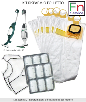 12 SACCHETTI FOLLETTO VK140 VK 150 VORWERK + 12 PROFUMI + 2 FILTRI MOTORE |  eBay