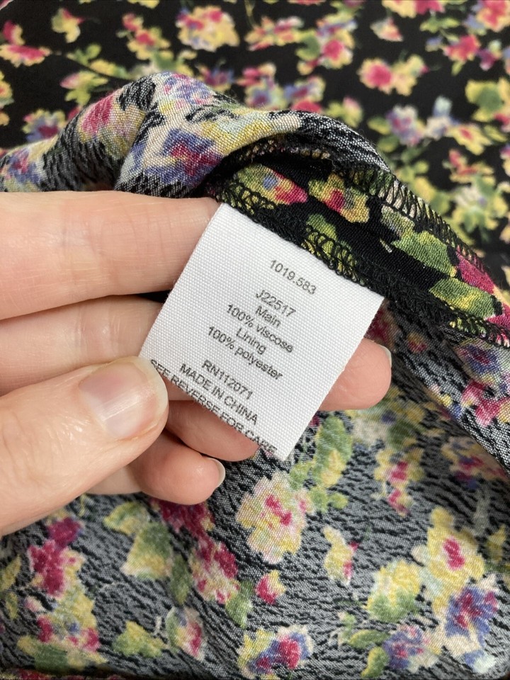 Jigsaw Tea Dress 16 Black Floral Knee Length Short Sleeves Wrap Effect