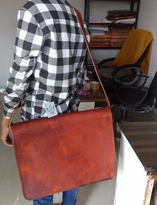  Men's 18'' Long Bag Vintage Leather Full Flap Messenger Laptop Satchel Shoulder 