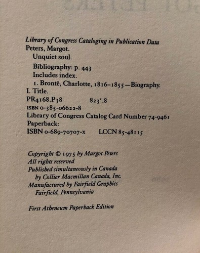 Unquiet Soul : A Biography of Charlotte Bronte by Margot Peters 0-689-70707-X - Bild 4 von 5