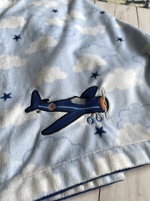 Carter's Baby Blanket Airplane Blue White Clouds Stars Embroidered Plane 30x40 