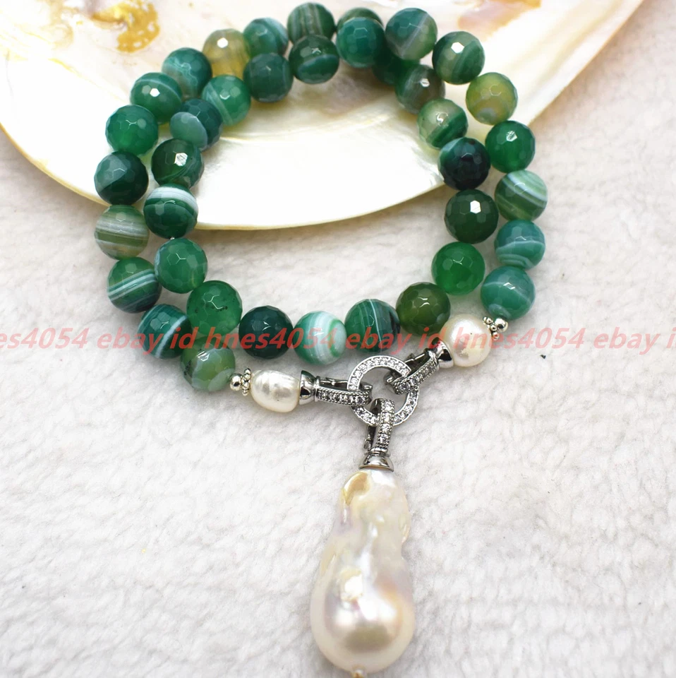 Collar colgante de perlas barrocas blancas gemas de ágata verde facetadas naturales de 6/8/10/12 mm Foto 3 de 4