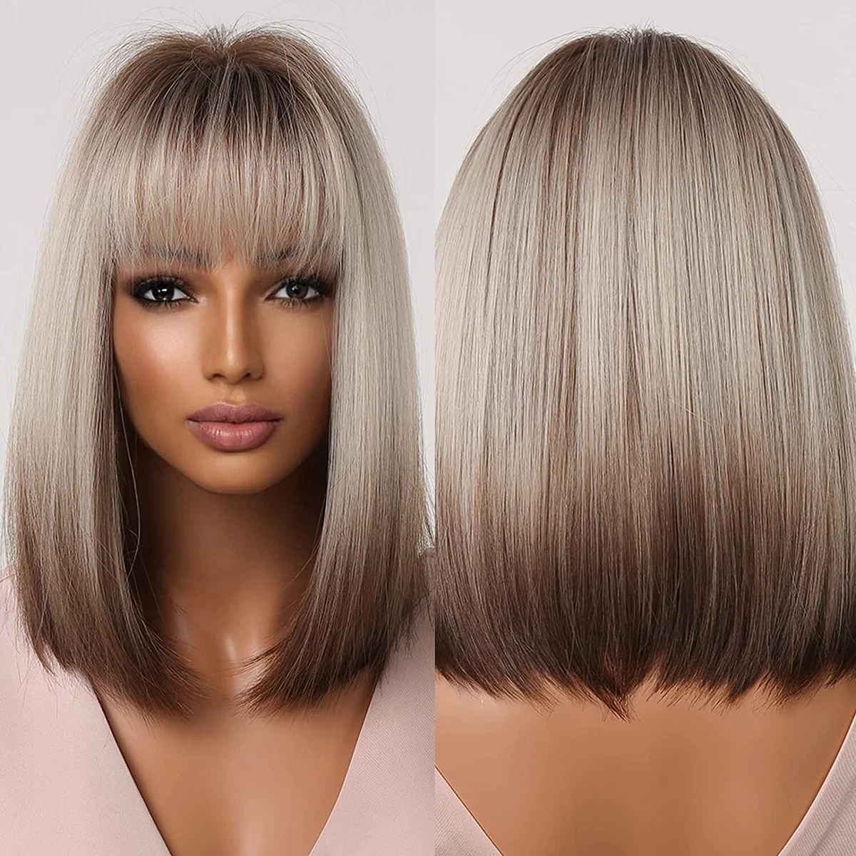 Brown Blonde Ombre Bob Wigs for Women Cosplay Wig with Bangs Dark Roots Gray USA
