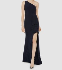 $195 Blondie Nites Juniors' Navy Blue One Shoulder Front Slit Gown Dress Size 5