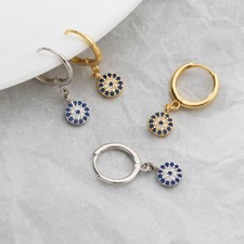 925 Sterling Silver Evil Eye Earrings Lucky Pendant Hoop Dangle Earrings