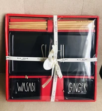 RAE DUNN "Sushi" Set of Plate, Dip Bowls "Wasabi/Ginger" and Chop Sticks Black