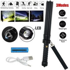 Rechargeable LED Flashlight Zoomable 3-Mode Torch Safety Hammer Outdoor Camping