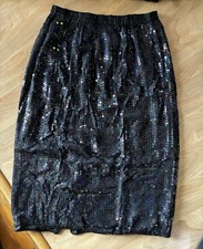 Black Sequin Sparkly Party Midi Skirt Retro 90s Med/Large Silk