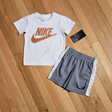 NEW Nike Toddler Boy Cotton Tee  Dri-fit Short Set, White/Gray 24m/2T 