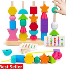 Montessori Wooden Beads Sequencing Toy Set, Stacking Blocks Lacing Beads ...