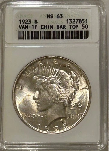 1923 P Peace Silver Dollar ANACS MS63 VAM-1F Chin Bar Top 50 Soapbox Holder