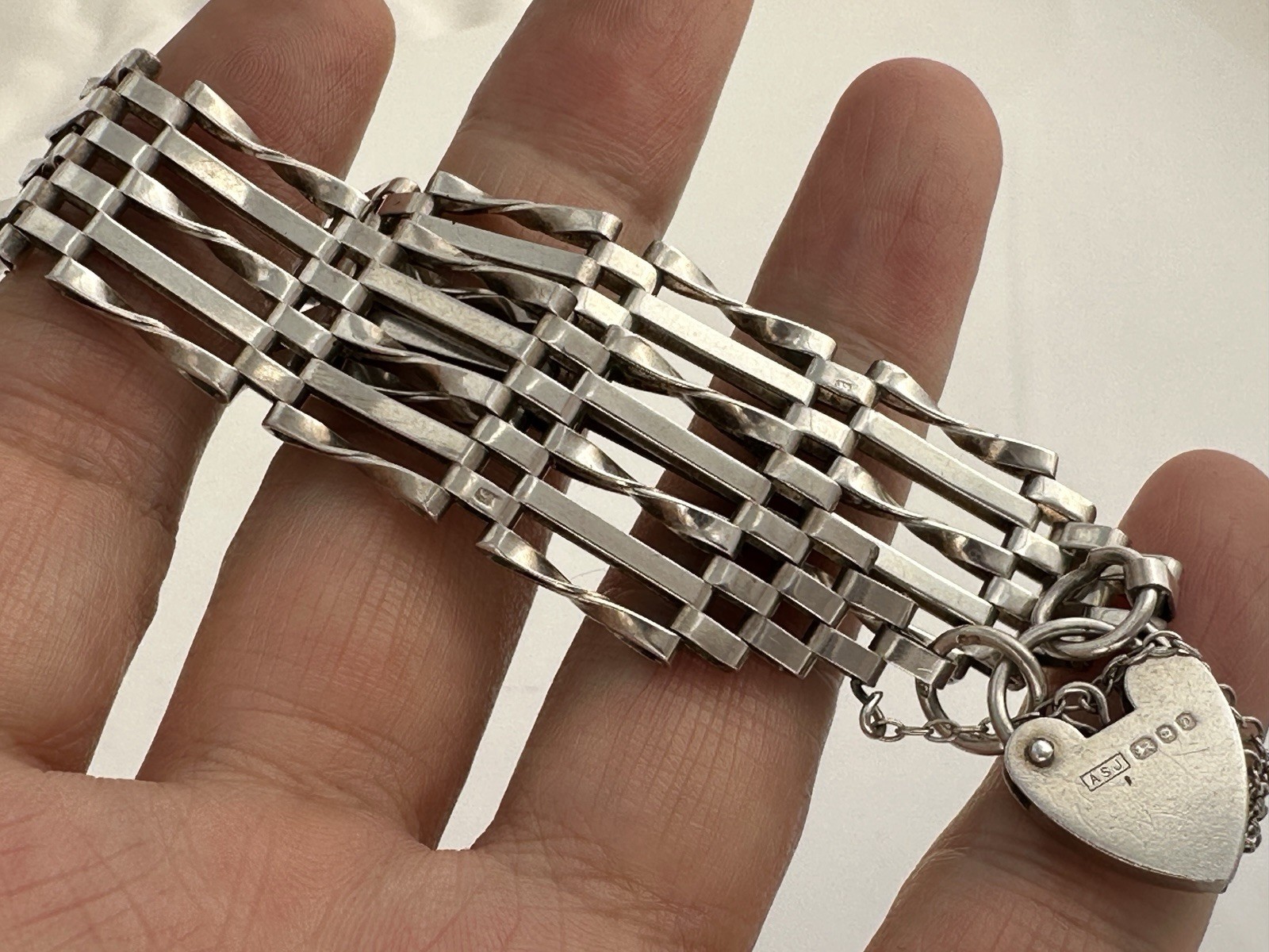 Vintage Solid Sterling Silver Bar gate Bracelet c… - image 2