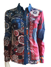 Desigual Damen Bluse Gr. S bunt Patchwork Hemdbluse Langarm Baumwolle