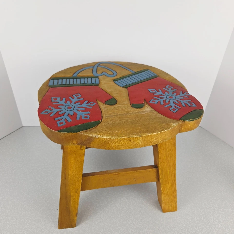 Childs Wooden Stool Mittens Snowflakes Heart 10" Wood Handcrafted Step Sturdy - Image 2 of 4