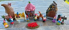 LOT OF 18 FAIRY GARDEN MINIATURES, 3 HOUSES, 2 BENCHES & 13 PEOPLE & ACCESSORIES