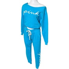 PINK Victorias Secret Sweat Suit Set Blue Off Shoulder XS Joggers S