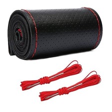 Genuine Leather Steering Wheel Cover, Stitch on Wrap, DIY Full Hole Black/Red