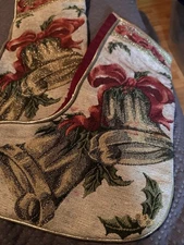 Christmas Stockings(2) W Bells Tapestry 16" Gold Trim Burgandy Back Unused
