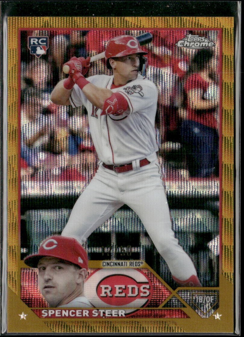 Spencer Steer RC Rookie Card 2023 Topps Chrome #146 Gold Wave Refractor /50 Reds