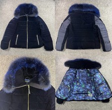 Elie Tahari Duck Down Velvet Puffer Jacket Coat w Genuine Blue Fox Fur Trim Boho