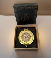 Monet Gold Tone Compact Mirror Rhinestone Pearl Floral NIB Gift