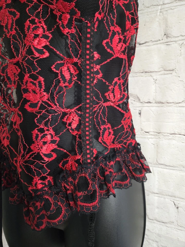 VTG 80s BLISS NY Camisole Basque Red Black Lace Garters Lingerie L Made In USA - Image 2 of 4