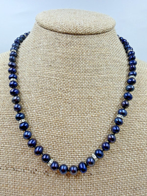 Vintage Necklace Danbury Mint Midnight Blue Pearl Single Strand 18 in 925 Clasp