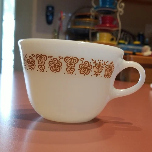 Vintage Pyrex Butterfly Gold Milk Glass Tea Cup C Handle Coffee Mug 1970's