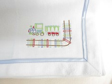 Baby Blanket Blue Satin Trim Train RN 15582