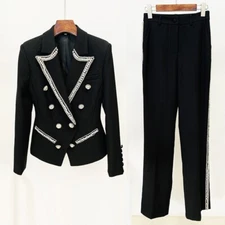 American Style Womens Double Breasted 2pcs Sets Suits Jacket Pants Rhinestone Sz