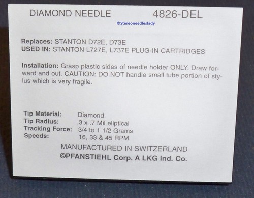 4826-DEL NEEDLE STYLUS for STANTON D72E D73E STANTON L727E L737E - Picture 3 of 4