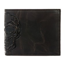 Skull Leather Wallet Double ID Bifold Full Grain Dia de Muertos for Good Luck