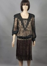 Vtg Black Lace&nude St. Martin 1920s flapper styl dress,tassel skirt 12/M/L