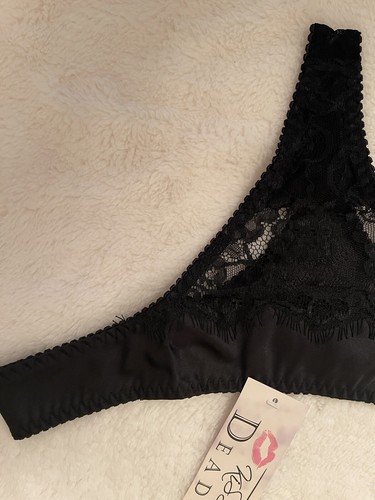 KISS ME DEADLY VINTAGE Women’s Sirena Black Satin Lace Mesh Thong Size Medium - Picture 3 of 7