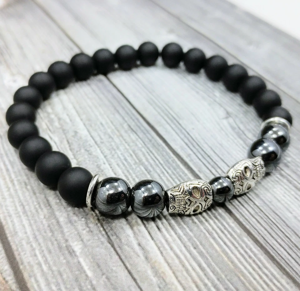 Brazalete de plata con cuentas de piedras preciosas de ónix + hematita 8 mm calaveras de azúcar mexicanas de 8" L Foto 2 de 4
