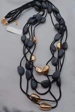 True To Form Necklace Matte Black & Gold Tone Beaded Multi Strand 34" New W/Tag