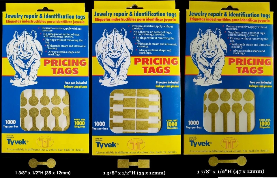 SAGA SELECTION 1000 Rhino Tyvek Gold Adhesive Dumbbell Jewelry Labeling Price Tags - 3 Styles