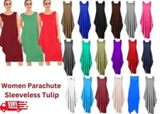 New Ladies Sleeveless Italian Lagenlook Tulip Parachute Summer Midi Dress Top 