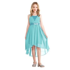 US Kids Girls Sleeveless Sequin Wedding Birthday Party Ball Gown High Low Dress