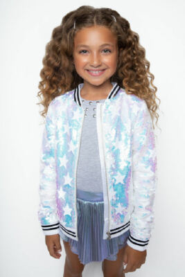 ❤️ NEW Mia New York Silver White Sequin Stars Bomber