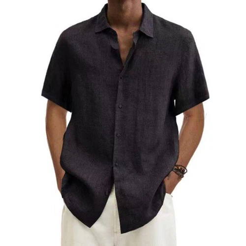 Camisa de vestir suelta con botones de manga corta de algodón y lino para hombre - Imagen 24 de 33