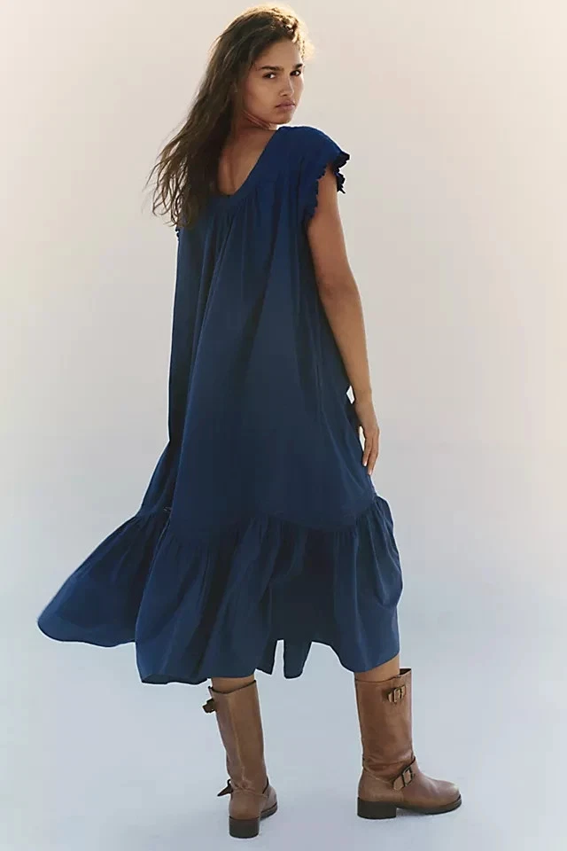 Vestido Free People Aster Midi Buttondown Encaje Volantes Azul Marino Plisado Manga Corta M Foto 3 de 4