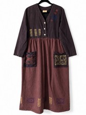 Vintage 90s Blue Cactus Maxi Dress M Cotton Elephant Patchwork Boho USA