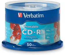 Verbatim CD-R Blank Discs 700MB 80 Minutes 52X Silver Inkjet Printable Surface -