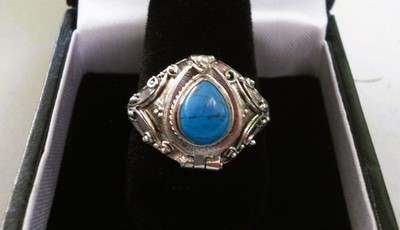 OOAK Handmade Sterling Silver Turquoise Tear Drop Poison Ring - Size 8