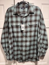 IZOD Flannel Shirt Mens Large Blue Plaid Button Down Long Sleeve Pockets NWT