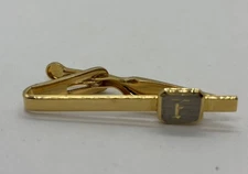 Vintage Tie Pin Bar F Initial Monogram Gold Tone Green Stone Retro Men