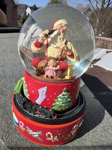 Vintage Hallmark Coca-Cola Santa Musical Snow Globe Moving Train Christmas 2001