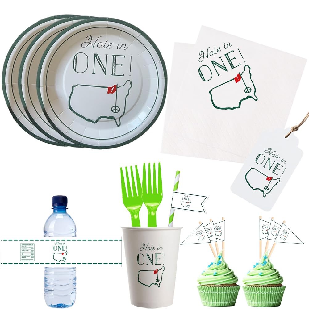 Hole in One Golf Party Decorations 240 pcs Plates Cups Napkins Straws Gift Tags