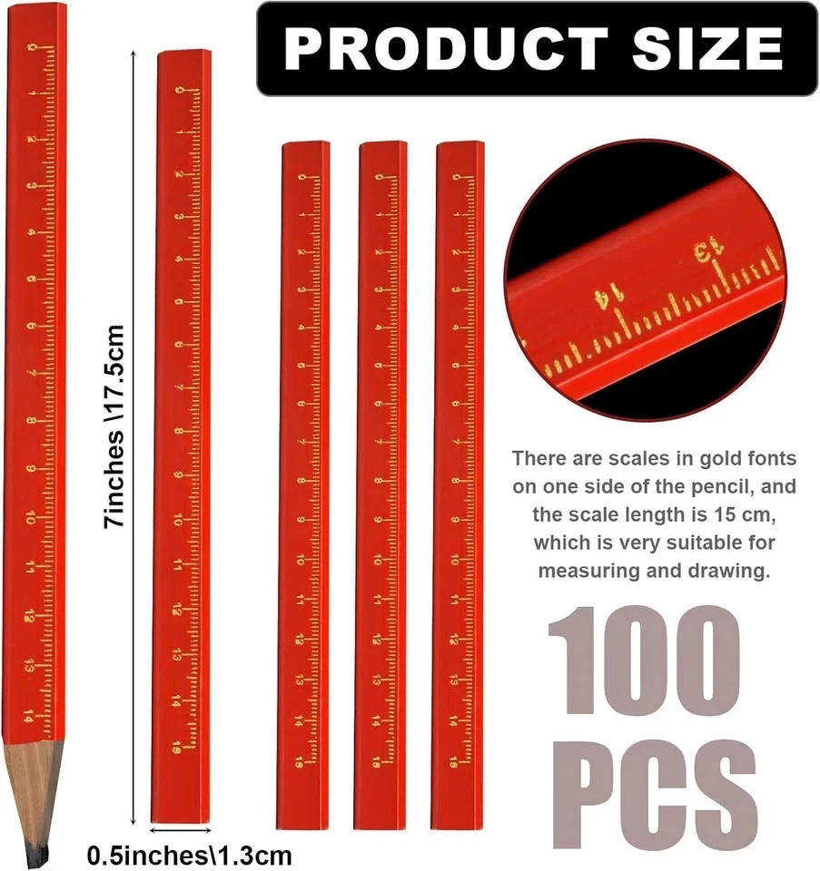 100 lápices de carpintero de madera planos de plomo negro octogonales de construcción a granel Foto 2 de 4